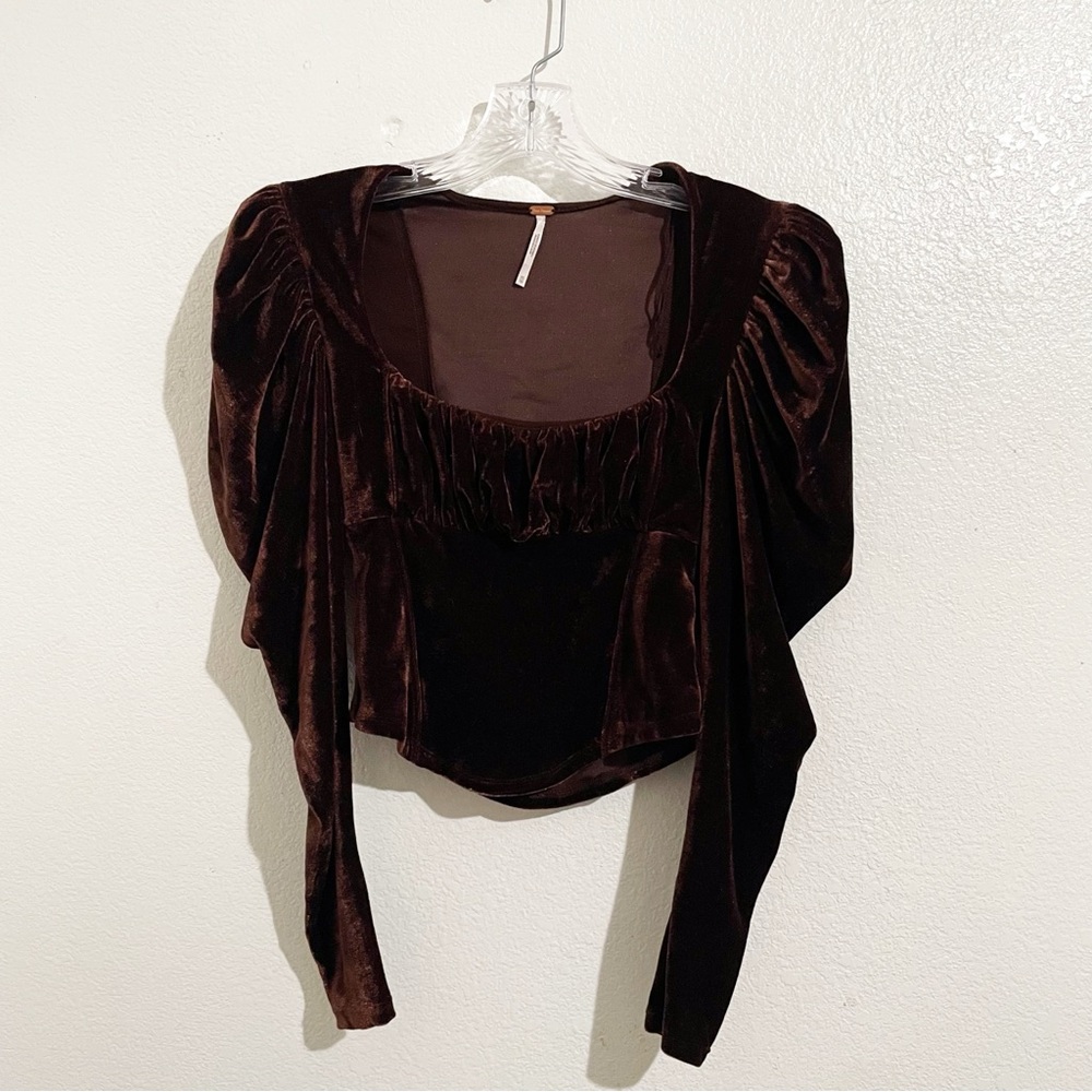 Free People Hold Me Velvet Long Puff Sleeve Top in Brown - Picture 4 of 9